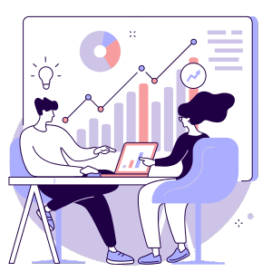 Two people strategizing at a table with graphs in the background.
